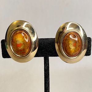 💎Bergere Stud Earrings Gold Tone Oval Framing Brown Speckled Stones Clip On